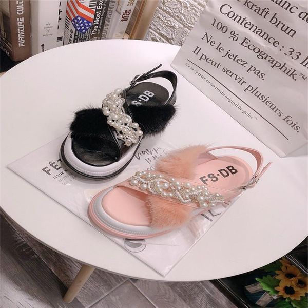 

sandals 2021 spring real women furry flat shoes high-end ladies casual, Black