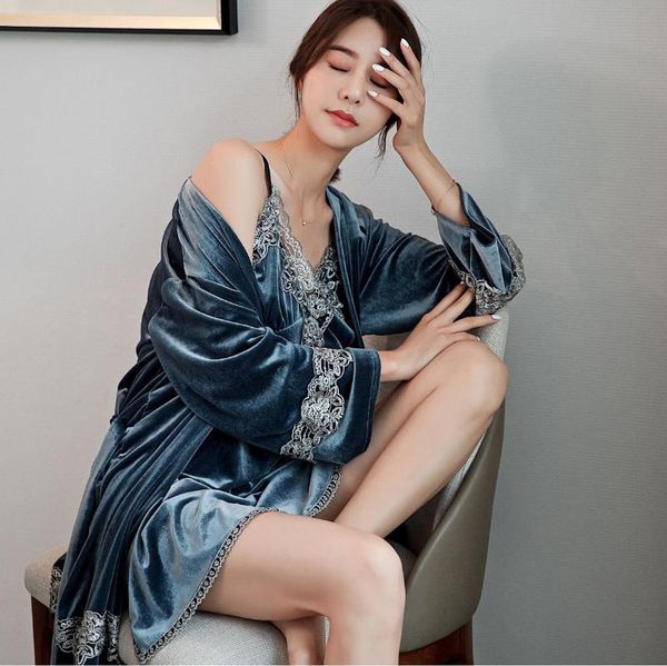 

women's sleepwear gray women 2pcs nighty&robe suit velvet nightgown autumn lace kimono bathrobe gown nightwear homewear, Black;red