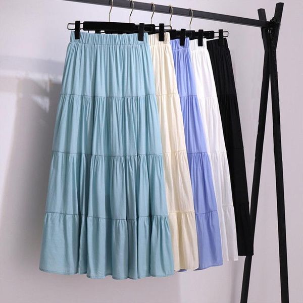 

skirts fashion women skirt casual long elastic waist solid a line woman female ol pleated midi spring summer, Black