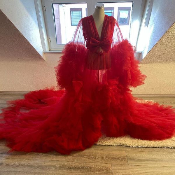 

red see through maternityÂ dressesÂ forÂ poÂ shootÂ tulle ruffles long sleeves sweep train tulleÂ robe for women pregnancy clothes casual dresses, Black;gray