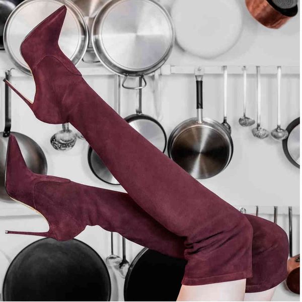 

boots over the knee thigh boot pointed high heels women winter burgundy beige black suede size 35 to 40
