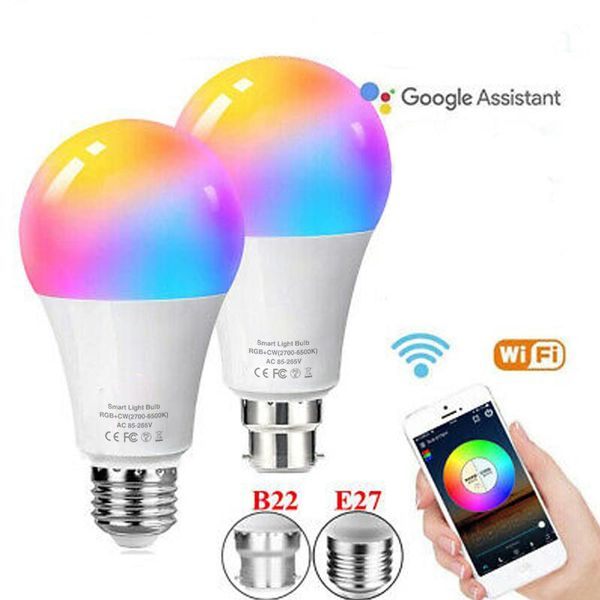 

bulbs wifi smart led bulb 10w e27 b22 e14 rgb cw+ww color changing light compatible alexa google home siri voice control lamp