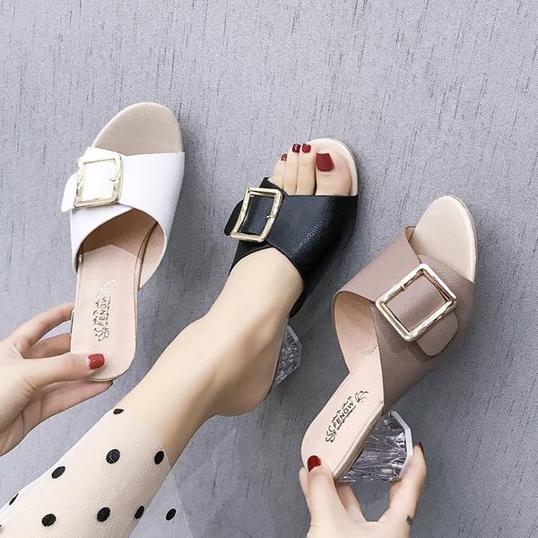 

slippers summer women shoes woman mules solid transparent crystal thick high heels slides ladies plus size 43, Black