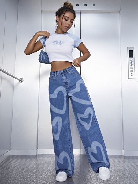 

high waist heart print wide leg jeans g9hz#, Blue