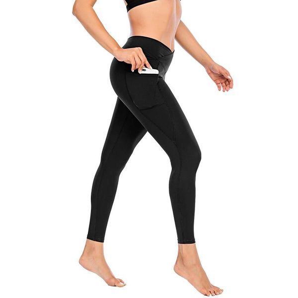 

women's athletic leggings workout pants pockets seamless fitness sports running training full length ll3, Black