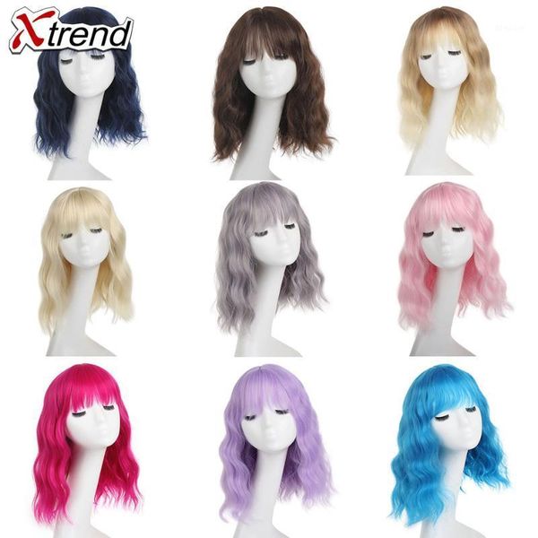 

xtrend synthetic wavy wig with bands short bob wigs for women brown pink blonde grey pruple blue orange ombre cosplay1, Black