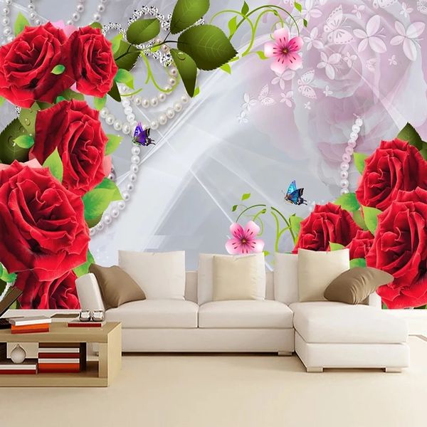 Foto personalizzata 3d impermeabile stoffa di seta rossa rosa fiori sfondo tv sfondo della parete soggiorno camera da letto decor murale wallpaper impermeabile