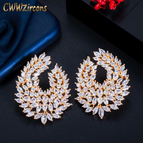 

symmetrical cubic zirconia gold color large stud earrings for women luxury engagement wedding party jewelry cz819 210714, Golden;silver