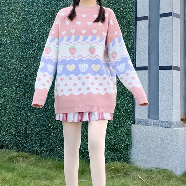 

women's sweaters japanese soft girly autumn winter sweet lolita style knitted loose strawberry pattern pullovers women spring outwear, White;black