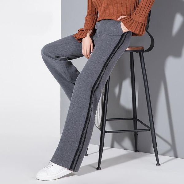 

women's pants & capris brand thicken women gray high waist loose woven side striped flat straight office lady casual trousers for autum, Black;white