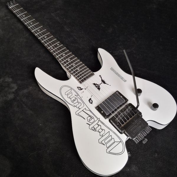 

hand work paint lion white headless electric guitar china emg pickup, tremolo bridge & whammy bar, black hardware