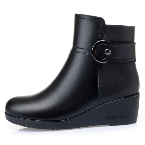 

ldays genuine leather wool short boots womens flat bottom cotton home shoes keep warm non-slip plus size 35-43 mother, Black
