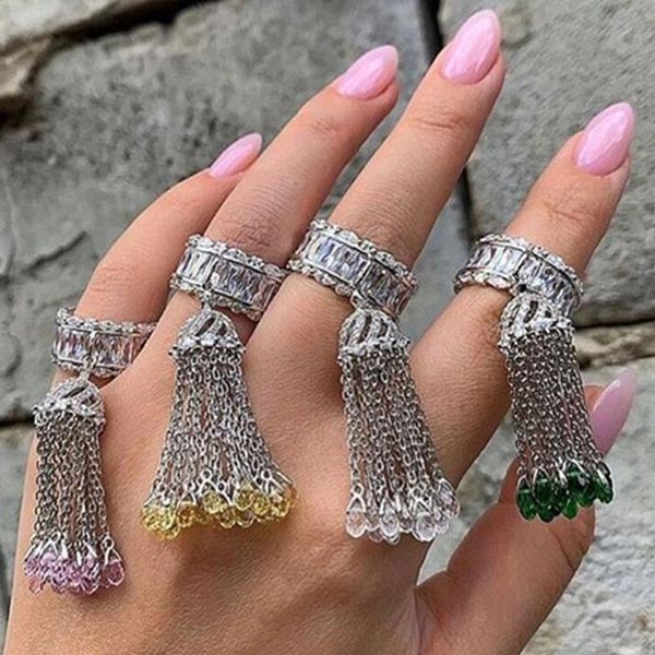 

cluster rings sljely pure 925 sterling silver white pink yellow green tassel crystal stones finger ring women girl fine jewelry, Golden;silver