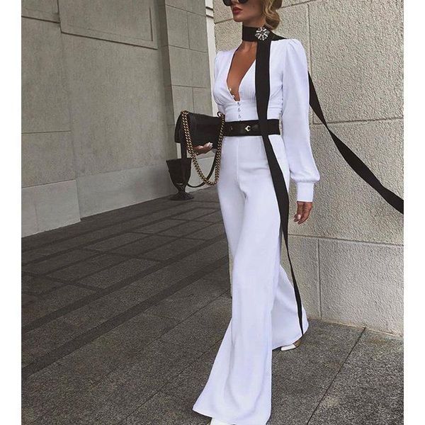 

women's jumpsuits & rompers 2021 solid color puff sleeve deep v-neck wide leg slim jumpsuit for women, Black;white