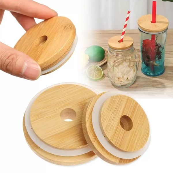 20 adet Bambu Kap Kapak Kullanımlık Mason Kavanoz Kapakları 70mm 86mm Ile Saman Delik Ve Silikon Mühür Drinkware Içme Kavanozları için Üst Şişe Kapak Satışlar için