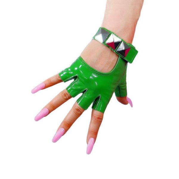 

five fingers gloves real leather patent semi-finger bright green silver rivet sheepskin fingerless women touchscreen zp50, Blue;gray