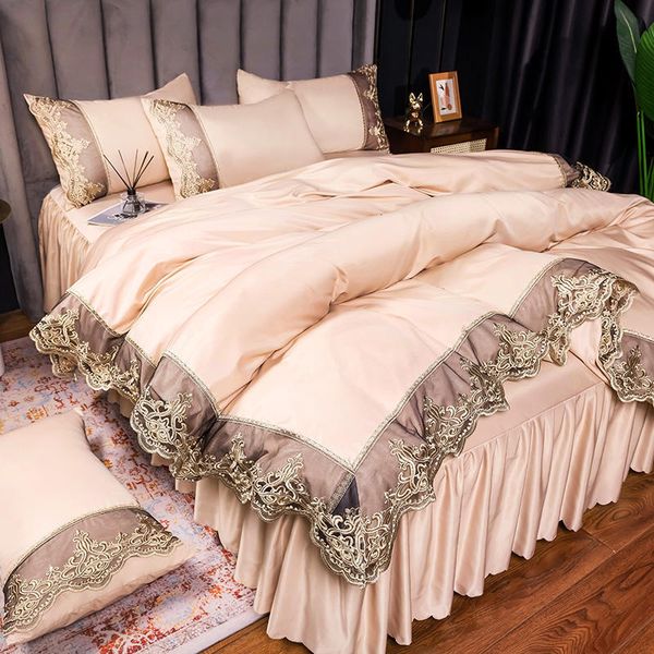 

bed skirt, bed sheet, lace, washed bedding, summer solid color ice silk 4-piece set