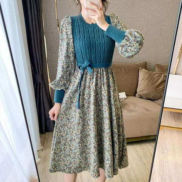

casual dresses winter dress women o neck long sleeve floral print belted tunic knitted 2021 warm korean style corduroy ladies, Black;gray