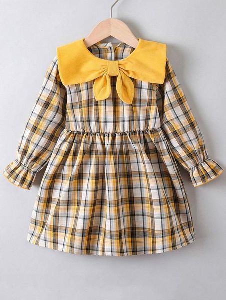 

toddler girls plaid bow front flounce sleeve dress she, Red;yellow