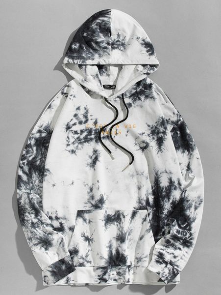 

men slogan graphic tie dye pouch pocket drawstring hoodie c9yz#, Black