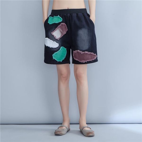 

women's shorts denim jeans women spring summer style 2021 feminina fashionn thin elastic waist loose patch female a3714, White;black