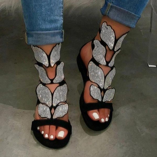 

rhinestone sandals women summer soft-slip non-slip sandalias foam sole durable butterfly ladies outdoor beach shoes, Black