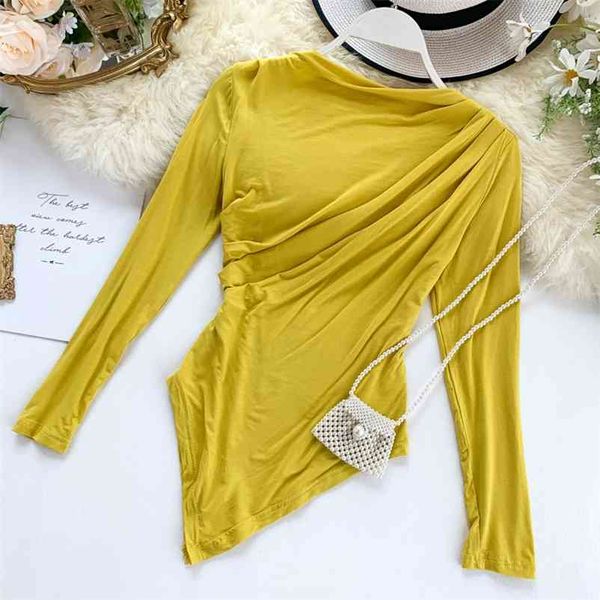 

women's autumn new crowd fold thin irregular ins long sleeve solid color casual tee j763 210401, White
