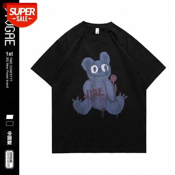 

vivgae bear print harajuku style loose black short-sleeved t-shirt male and female students #bi83, White;black