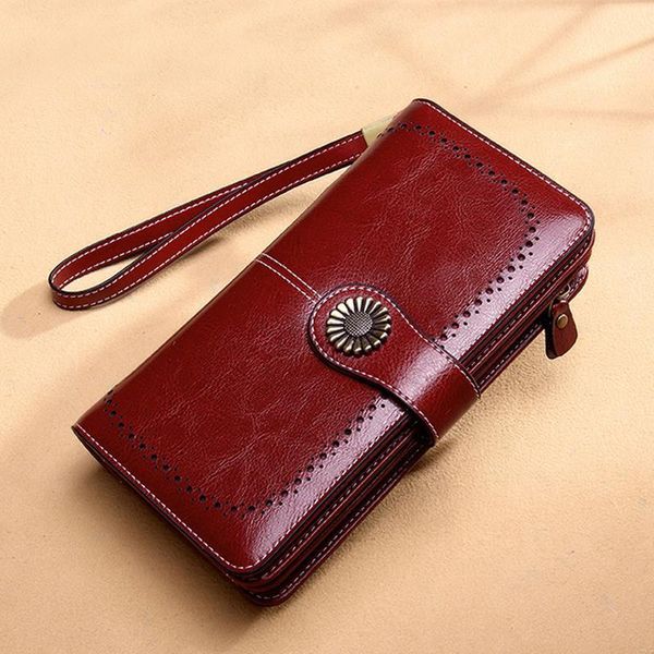 

brand hollow women clutch leather wallet female long zipper purse strap money bag for iphone carteira, Red;black