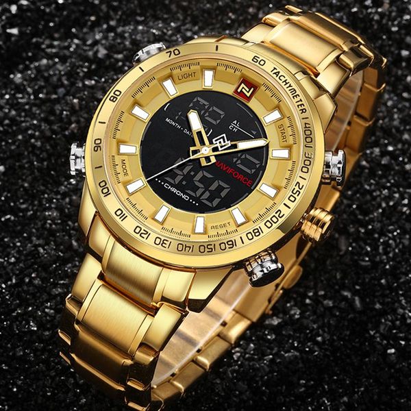 

wristwatches naviforce brand gold watch men fashion sport quartz wrist full steel waterproof led digital watches relogio masculino, Slivery;brown