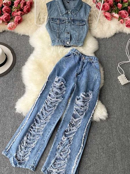 

retro distressed frayed jeans high waist thin all-match crop fashionable two-piece suit women's two piece pants, White