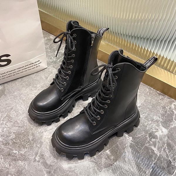 

boots women black platform pu leather 2021 autumn winter thick bottom zipper ladies ankle fashion motorcycle botas mujer