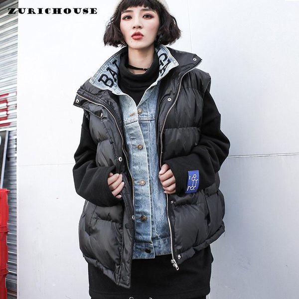 

women's vests zurichouse denim patchwork sleeveless puffer jacket women thick cotton padded parkas vest female autumn winter warm waist, Black;white