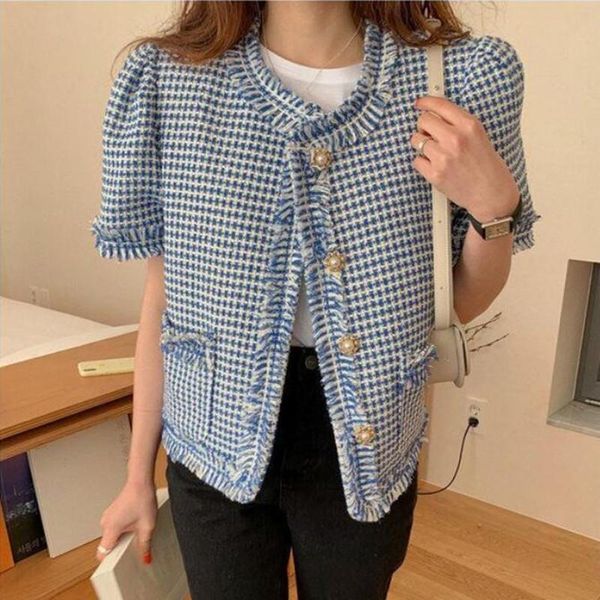 

women's jackets women vests 2021 summer korean chic temperament round neck tassel stitching pearl button loose puff sleeve tweed coat, Black;brown