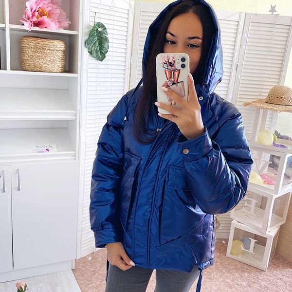 

winter women short parkas jackets casual female thicken warm hooded coat windprood shiny big pocket 210524, Black