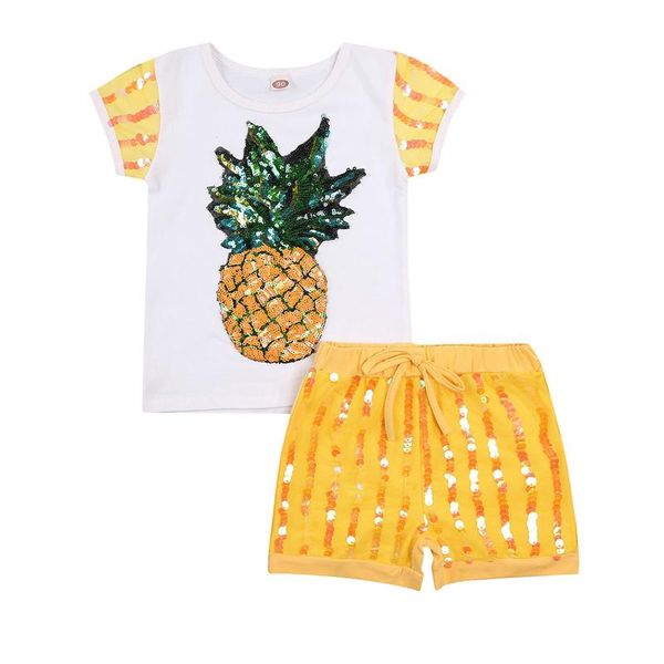 

girls casual two-piece clothes set yellow pineapple printed pattern round collar short sleeve and shorts kids clothing sets, White