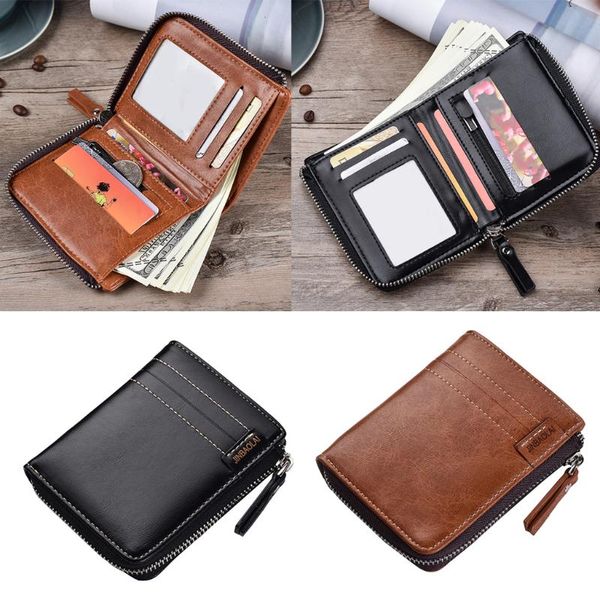 

card holders men's pu leather zip around wallet id window secure zipper bifold purse, Brown;gray