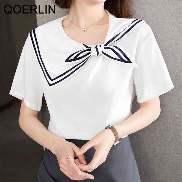 Женские летние моряк воротник футболки с коротким рукавом свободные корейские повседневные базовые топы женские плюс размер белые тройники рубашка 210601