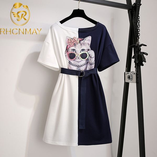 

new 2021 summer women dress casual sequined print cat o-neck mini t shirt dresses belt loose patchwork dressswimwear bathing suits swimsuit, Black;gray