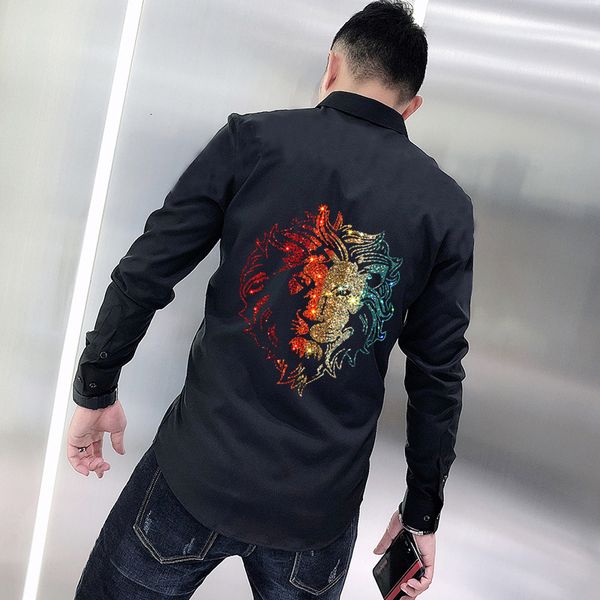 

men's t-shirts men's anti-wrinkle shirt with bright diamond plus casual personality size 2021 skinny hip-hop long sleeve cop4, White;black
