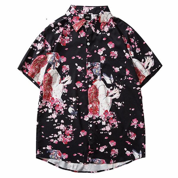 

men hawaiian shirt japanese cartoon floral geisha 2021 hip hop streetwear harajuku beach short sleeve summer men's casual shirts, White;black