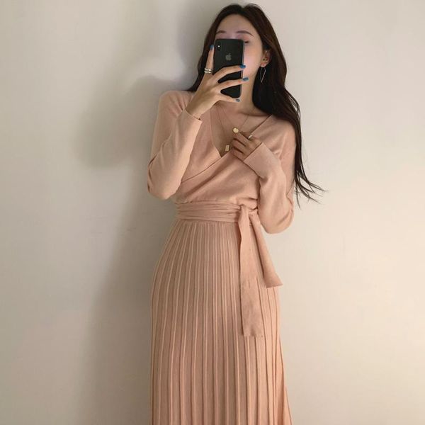 

casual dresses fashion women knitted pleated dress fall winter long sleeve thick sweater solid temperament v neck lace up, Black;gray