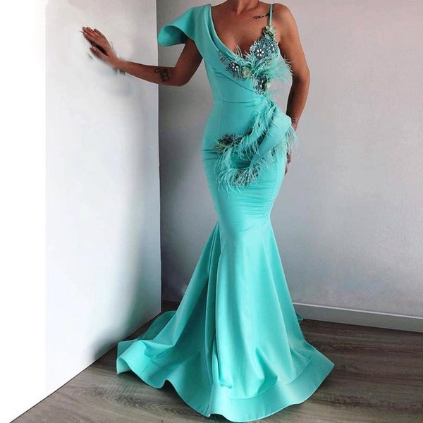 

party dresses turquoise spaghetti evening 2021 mermaid v-neck feather crystals islamic dubai saudi arabic long formal prom gowns, White;black