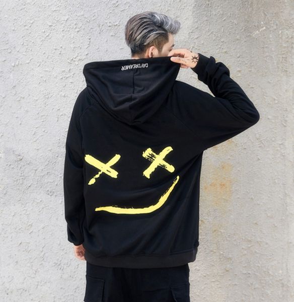 

fashion 2021 graffiti smiley black white splicing sweater men's hoodies & sweatshirts women hip hop street dance bboy loose coat tide
