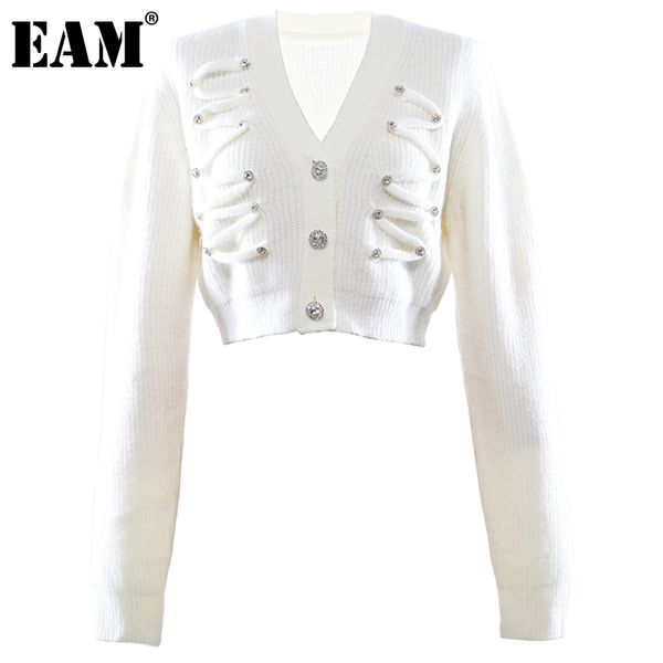 [EAM] Белая сетка коротко вязание кардиган свитер свободный подходит V-образным вырезом с длинным рукавом женщин мода весна осень 1dd6416 21512