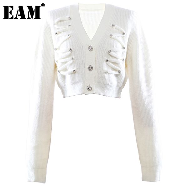 

[eam] white mesh short knitting cardigan sweater loose fit v-neck long sleeve women fashion spring autumn 1dd6416 21512, White;black