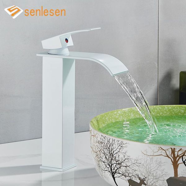 

bathroom sink faucets senlesen tall basin faucet waterfall spout tap white mixer deck mounted and cold water