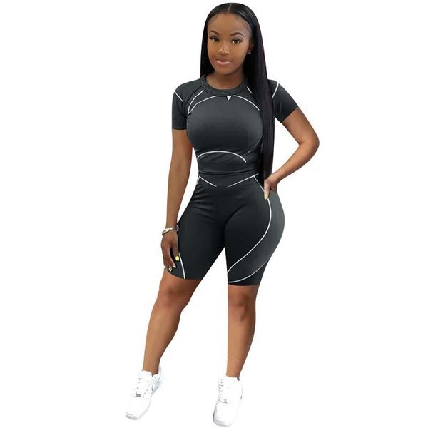 

women's stitching shorts t-shirt sports casual suit running sets, Black;blue