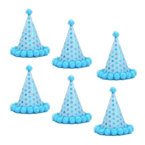 

party hats 6pcs birthday paper hat shiny plush balls supplies (sky-blue)