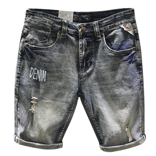 

men's shorts fashion denim hole summer vintage washed letter embroidery ripped short jeans street male clothes, White;black